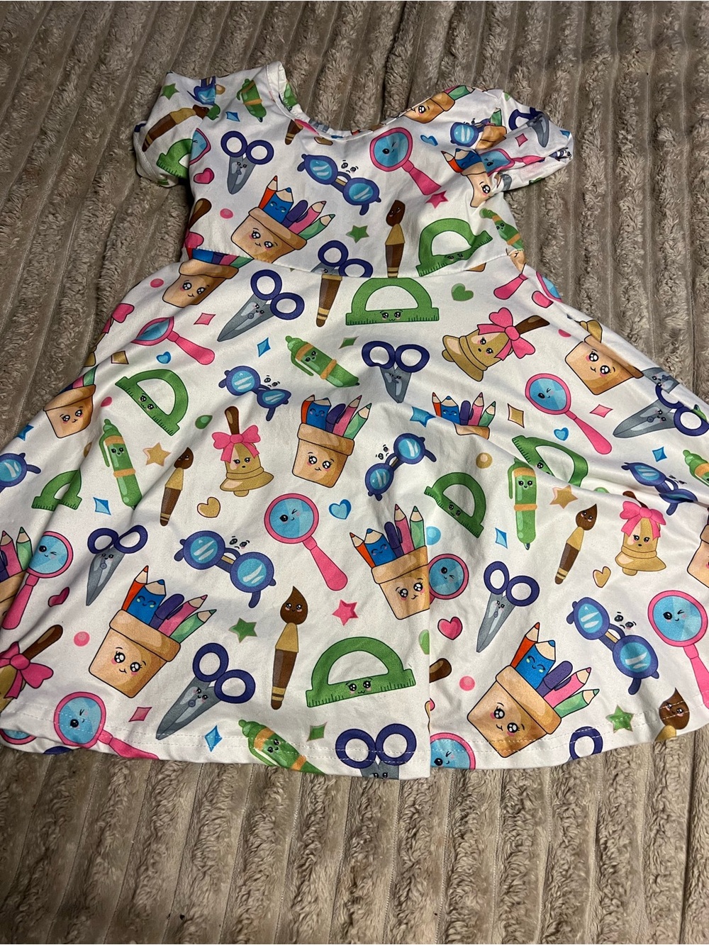 Cute School Supplies Print Dress — White Base with Colorful Accents